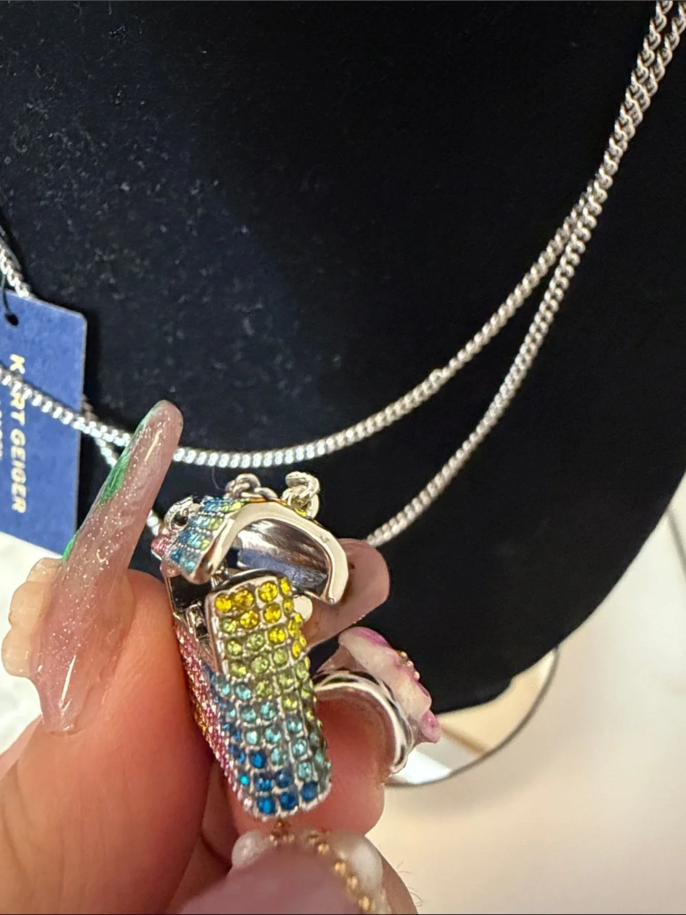 Kurt Geiger London Purse Long Necklace Multicolored Rainbow Crystals NEW 36”